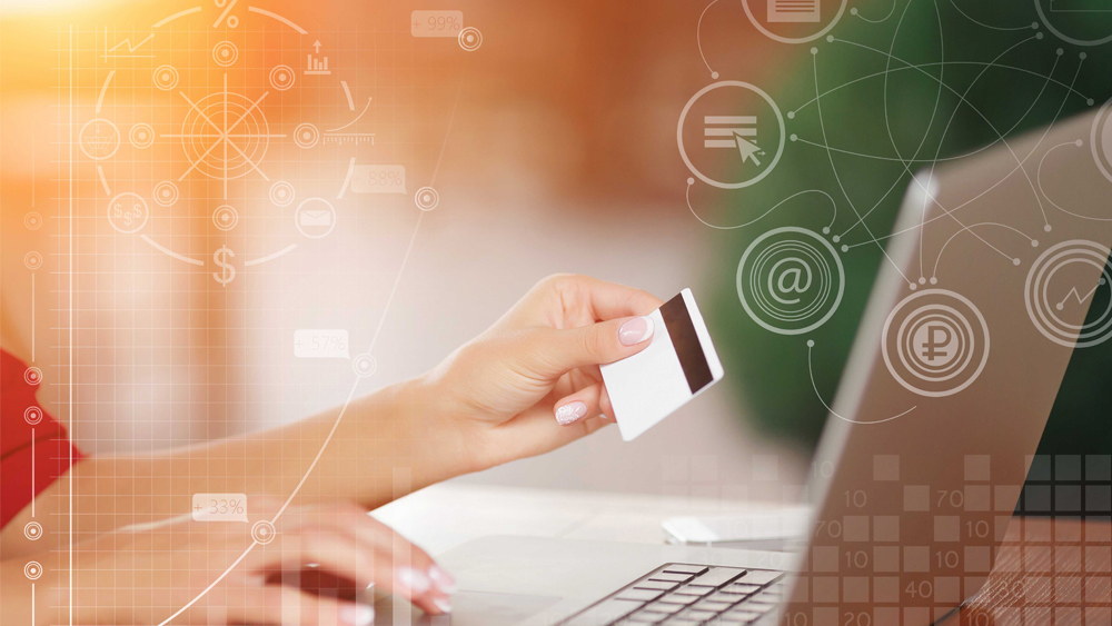 Hands holding credit card and using laptop. Female hands making online payment. Purchase and Buy online. Online shopping. Business infographic